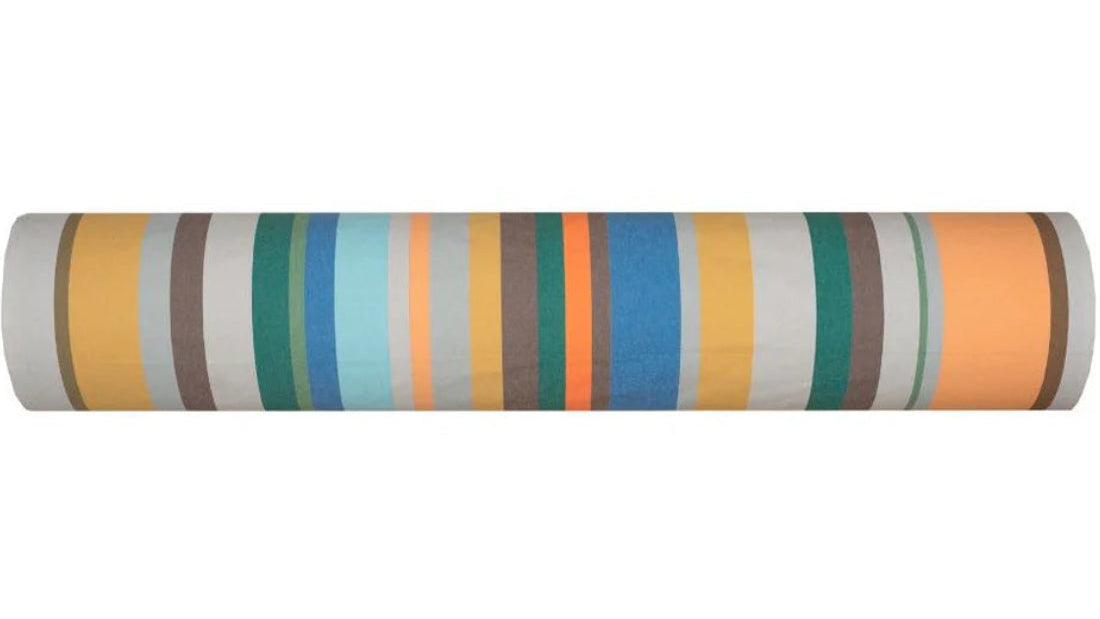 LATOUR-BAS-ELNE Les Toile du Soleil 100% cotton fabric roll. Showing multicoloured stripes in grey, yellow, orange, blues and greens