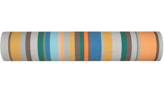 LATOUR-BAS-ELNE Les Toile du Soleil 100% cotton fabric roll. Showing multicoloured stripes in grey, yellow, orange, blues and greens