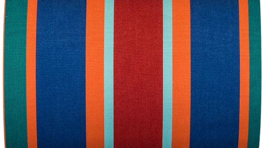 Bold striped cotton fabric featuring red, turquoise , orange, blue and teal. Made by Les Toiles du Soleil. 