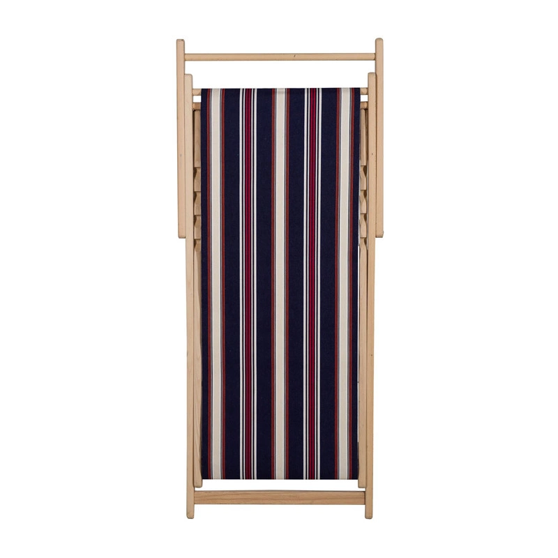 Wooden deckchair with fabric, featuring deep navy with fine stripes of écru/cream, red, orange, and black. 