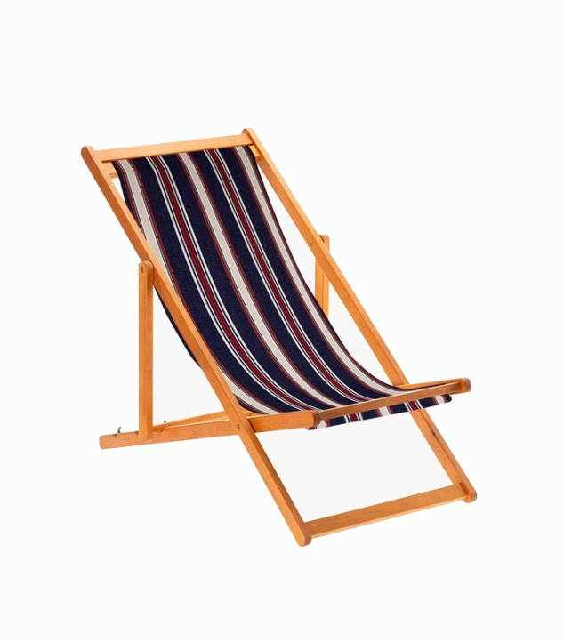 Wooden deckchair featuring deep navy with fine stripes of écru/cream, red, orange, and black. On a white background