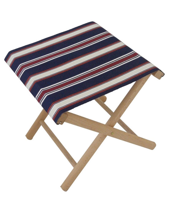 Wooden folding stool with fabric, featuring deep navy with fine stripes of écru/cream, red, orange, and black. 