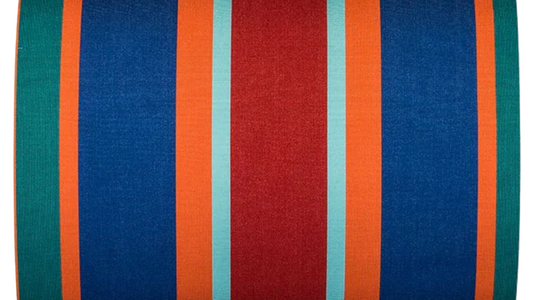 Bold striped sunbrella fabric featuring blue, red, orange, teal, and turquoise stripes