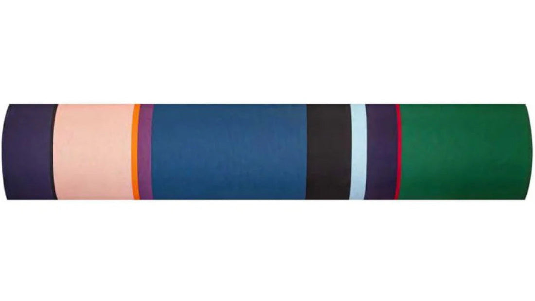 Cotton fabric roll of Lucas a fabric  bold striped Les Toiles du Soleil woven fabric of deep purple, blush pink, burnt orange, petrol blue, black and forest green 