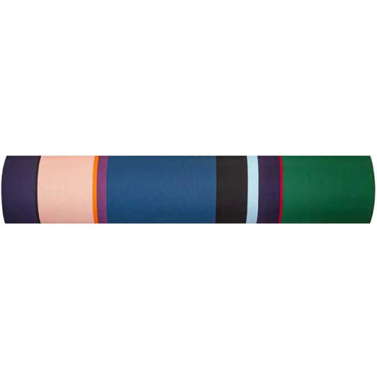 Cotton fabric roll of Lucas a fabric  bold striped Les Toiles du Soleil woven fabric of deep purple, blush pink, burnt orange, petrol blue, black and forest green 