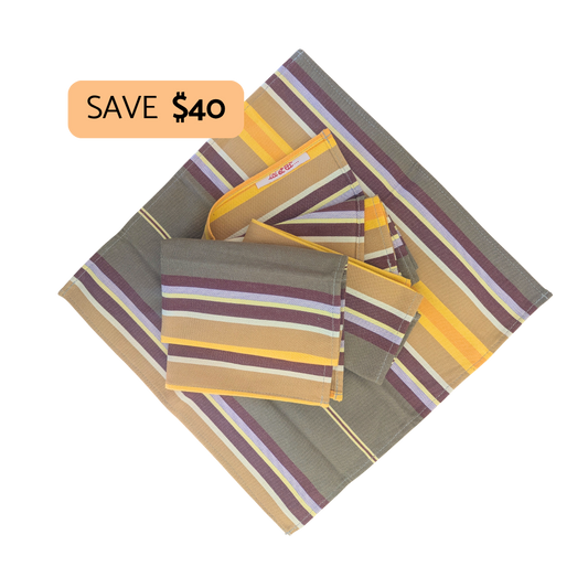 A set of striped fabric placemats or napkins in beige, yellow, and purple tones, arranged on a white background with an orange promotional badge that reads 'SAVE $40'.