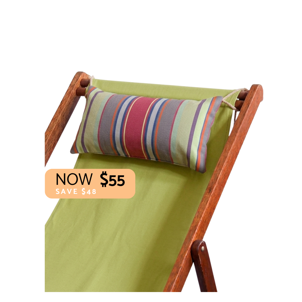 Multi-coloured striped head cushion on a green deckchair sling. Featuring greens, purple, blue, orange and crimson colours. With a "Now $59" sign. On a plain background