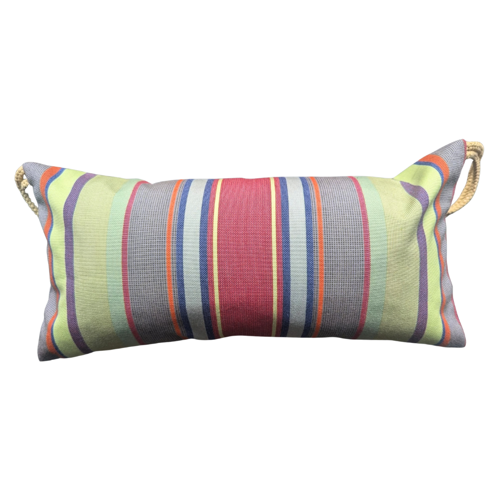 Multi-coloured striped head cushion on a green deckchair sling. Featuring greens, purple, blue, orange and crimson colours. 