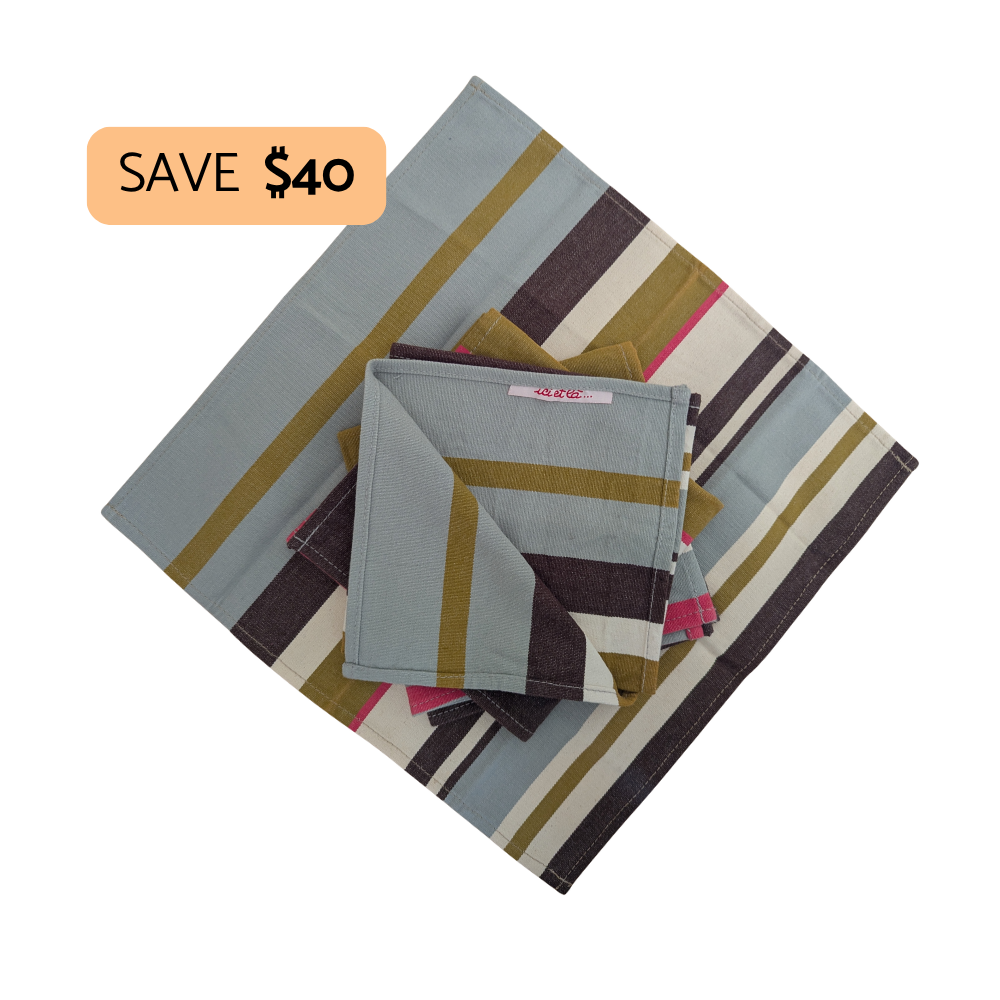 A set of striped fabric napkins in muted blue-gray, olive green, brown, cream, and pink, shown folded on a white background with a peach promotional badge reading SAVE $40.