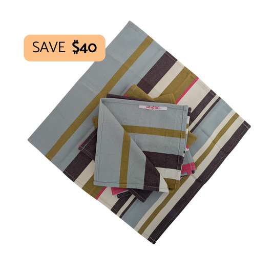 A set of striped fabric napkins in muted blue-gray, olive green, brown, cream, and pink, shown folded on a white background with a peach promotional badge reading SAVE $40.
