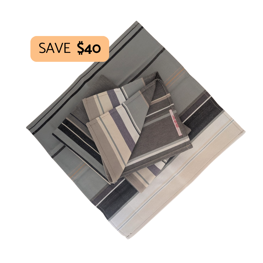 A set of striped fabric towels or cloths in neutral tones, including gray, beige, brown, and black, arranged on a white background with a promotional orange badge that reads 'SAVE $40'.
