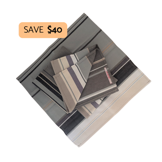 A set of striped fabric towels or cloths in neutral tones, including gray, beige, brown, and black, arranged on a white background with a promotional orange badge that reads 'SAVE $40'.