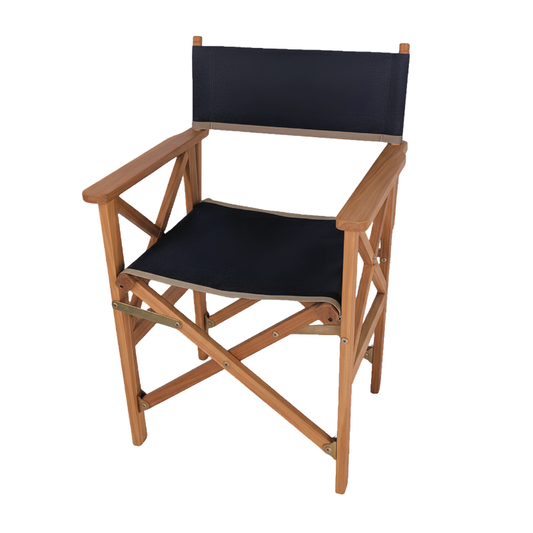 Teak directors chair made by Les Toiles du Soleil fabric in 43cm featuring black with taupe coloured edges. On a white background