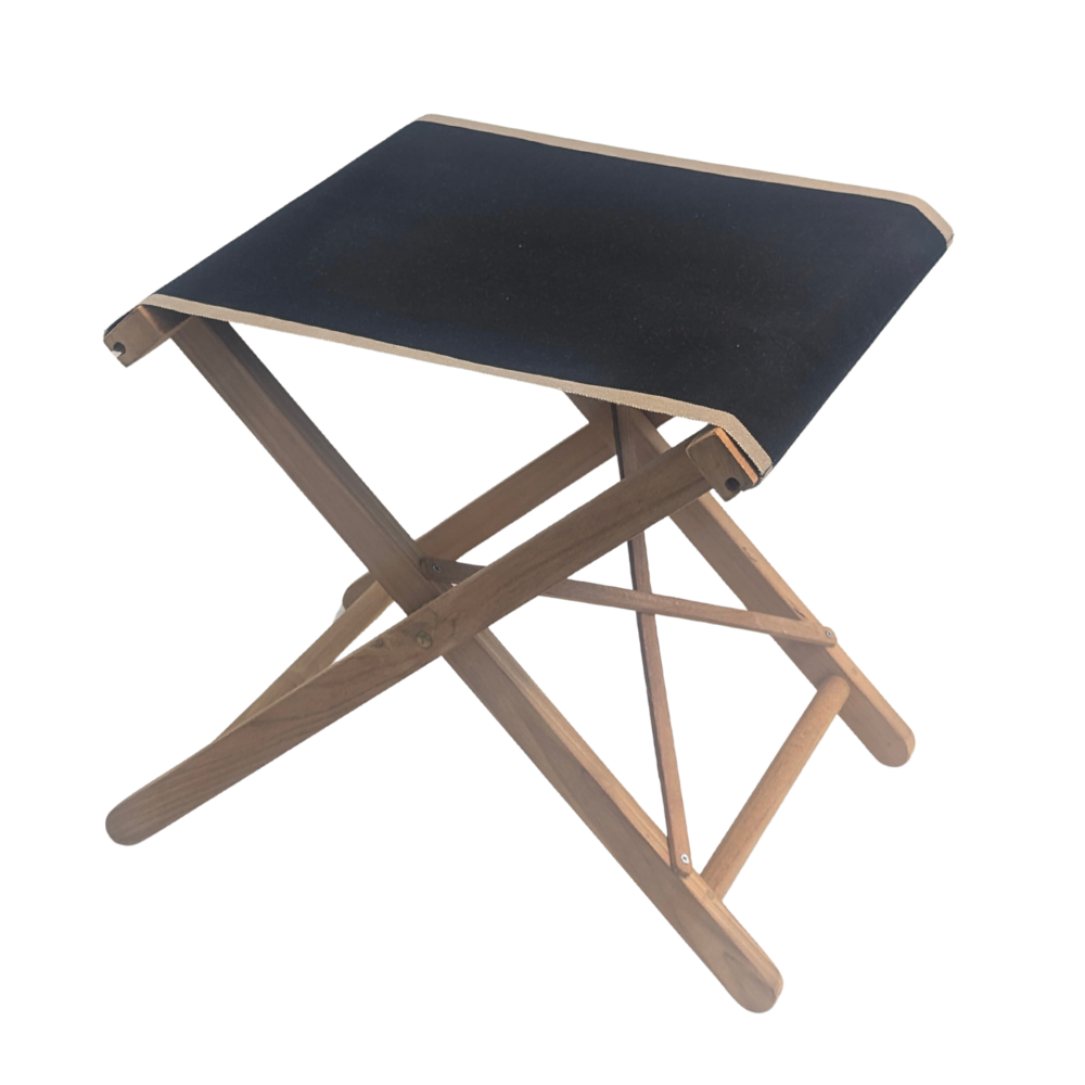Teak folding stool featuring Les Toiles du Soleil fabric in 43cm featuring black with taupe coloured edges, on a white background