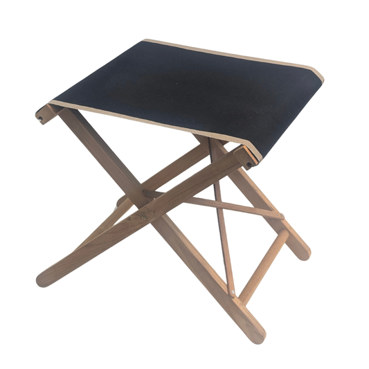 Teak folding stool featuring Les Toiles du Soleil fabric in 43cm featuring black with taupe coloured edges, on a white background