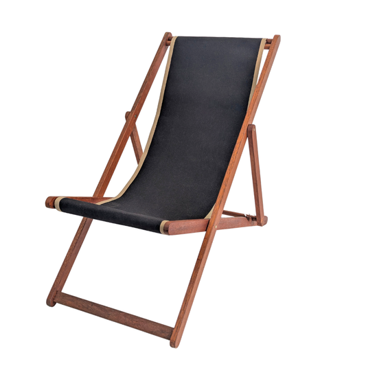 Hardwood folding deckchair fro ici et la with cotton 43cm Les Toiles du Soleil fabric in 43cm featuring black with taupe coloured edges 