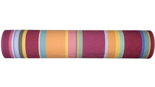 180cm cotton fabric roll of PALAU DEL VIDRE. A colourful striped pattern of cherry saffron, soft blues and other warm colours, by Les Toiles du Soleil.