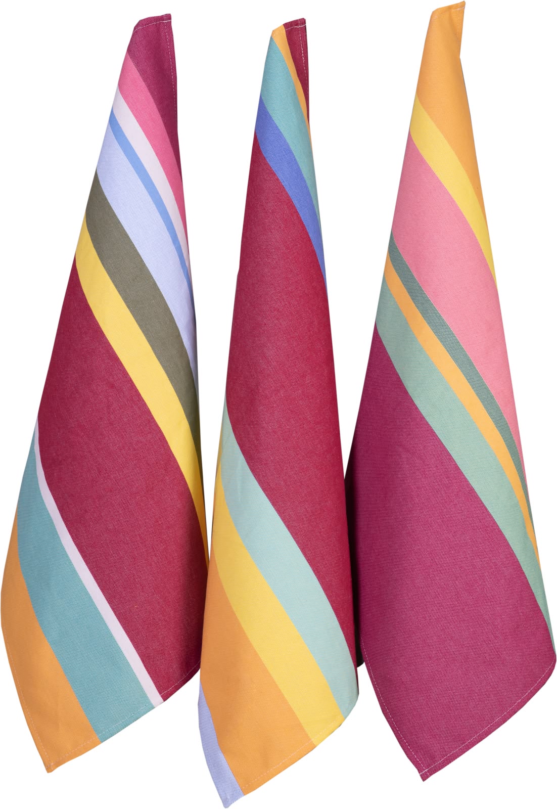Cotton fabric napkins made from PALAU DEL VIDRE. A colourful striped pattern of cherry saffron, soft blues and other warm colours, by Les Toiles du Soleil.