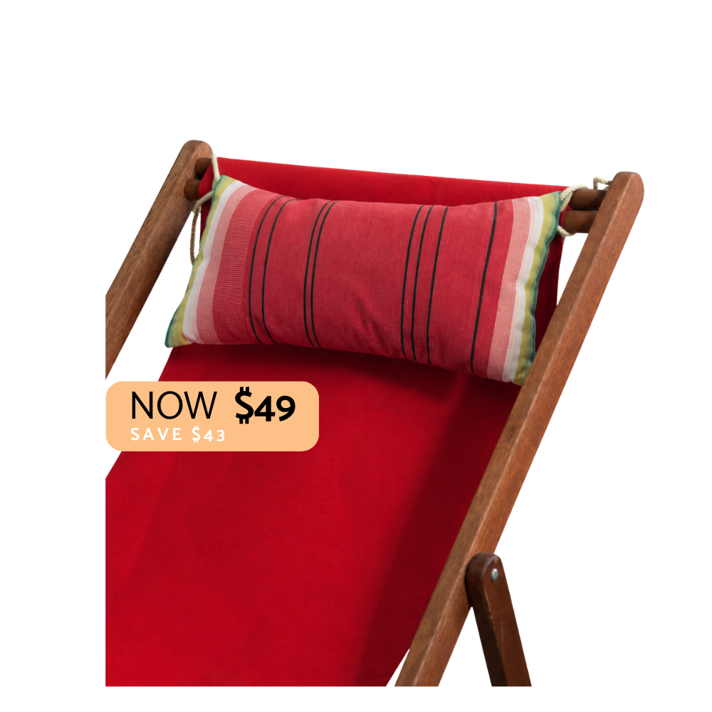 Red fabric deck chair with a striped red lumbar pillow, shown on a white background with a sale price badge overlay.