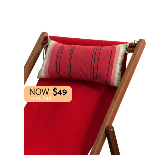 Red fabric deck chair with a striped red lumbar pillow, shown on a white background with a sale price badge overlay.