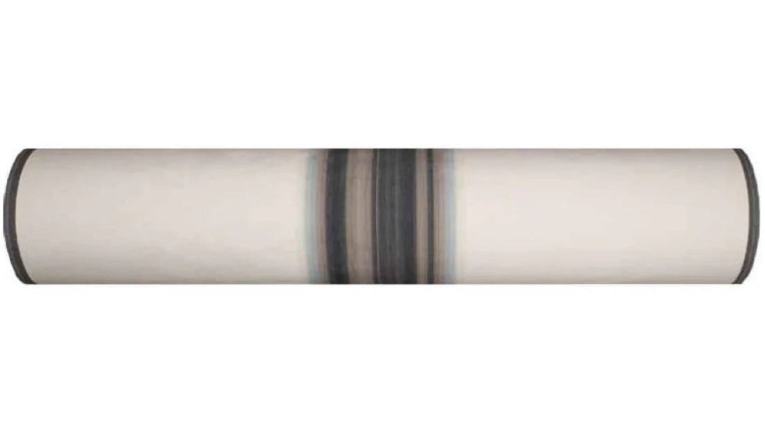 PEINTURE Les Toiles du Soleil 100% cotton fabric roll with multi coloured grey, blue and beige stripes in the middle of the fabric