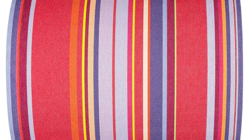 Colourful multi-striped cotton fabric showcasing vibrant pinks, lavender, purple, yellow, and orange. Petit Sixtine is a fabric made by Les Toiles do Soleil. Placed on a white background