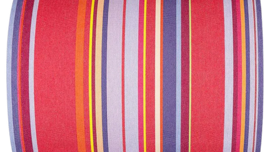Colourful multi-striped cotton fabric showcasing vibrant pinks, lavender, purple, yellow, and orange. Petit Sixtine is a fabric made by Les Toiles do Soleil. Placed on a white background
