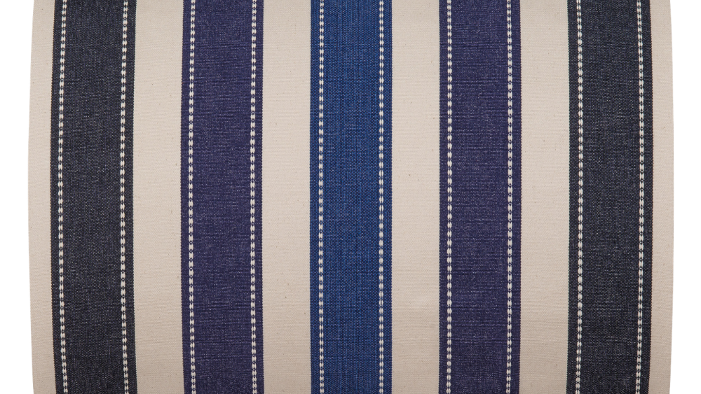 A fabric thumbnail featuring a striped pattern with various bands in different shades of blue. A detailed 100% cotton weave by by Les Toiles du Soleil