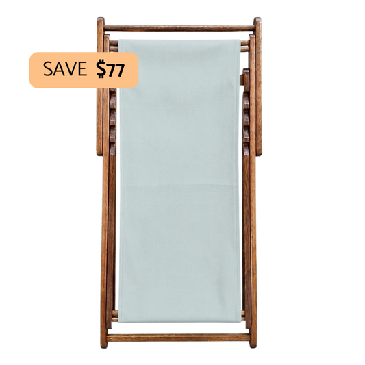 A wooden folding beach chair with a light grey fabric sling, shown on a plain white background with a promotional orange badge that reads 'SAVE $77'.