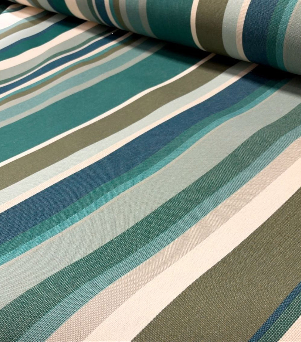 Close up of Place aux Herbes - a 100% cotton fabric roll which is a vibrant striped tapestry: fresh greens, almond, olive and taupe, by Les Toiles du Soleil.