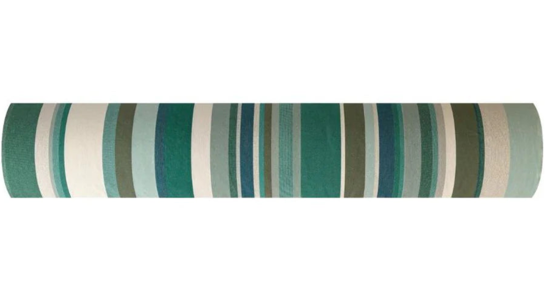 Place aux Herbes is a 100% cotton fabric roll which is a vibrant striped tapestry: fresh greens, almond, olive and taupe, by Les Toiles du Soleil.