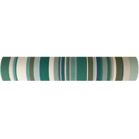 Place aux Herbes is a 100% cotton fabric roll which is a vibrant striped tapestry: fresh greens, almond, olive and taupe, by Les Toiles du Soleil.