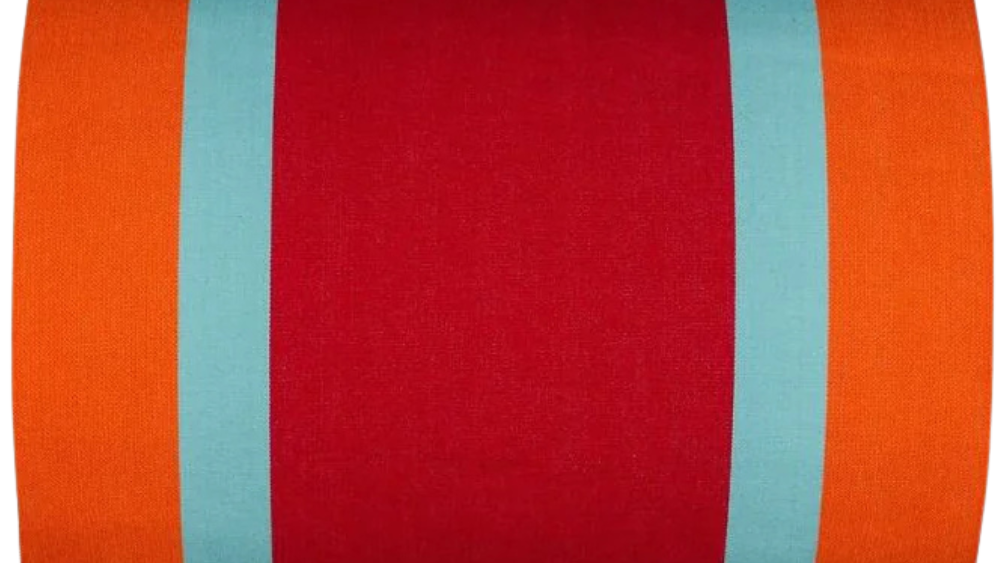 Plage Rouge / Orange is a bold fabric featuring a striped pattern with red, orange and turquoise. A detailed 100% cotton weave by By Les Toiles du Soleil