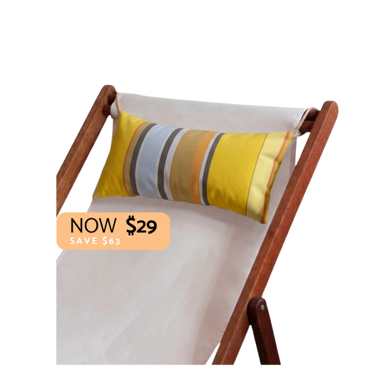 Head cushion in multi striped yellows, taupe, and light blue, on a white sling hardwood deckchair. With a "NOW $29" sign. 