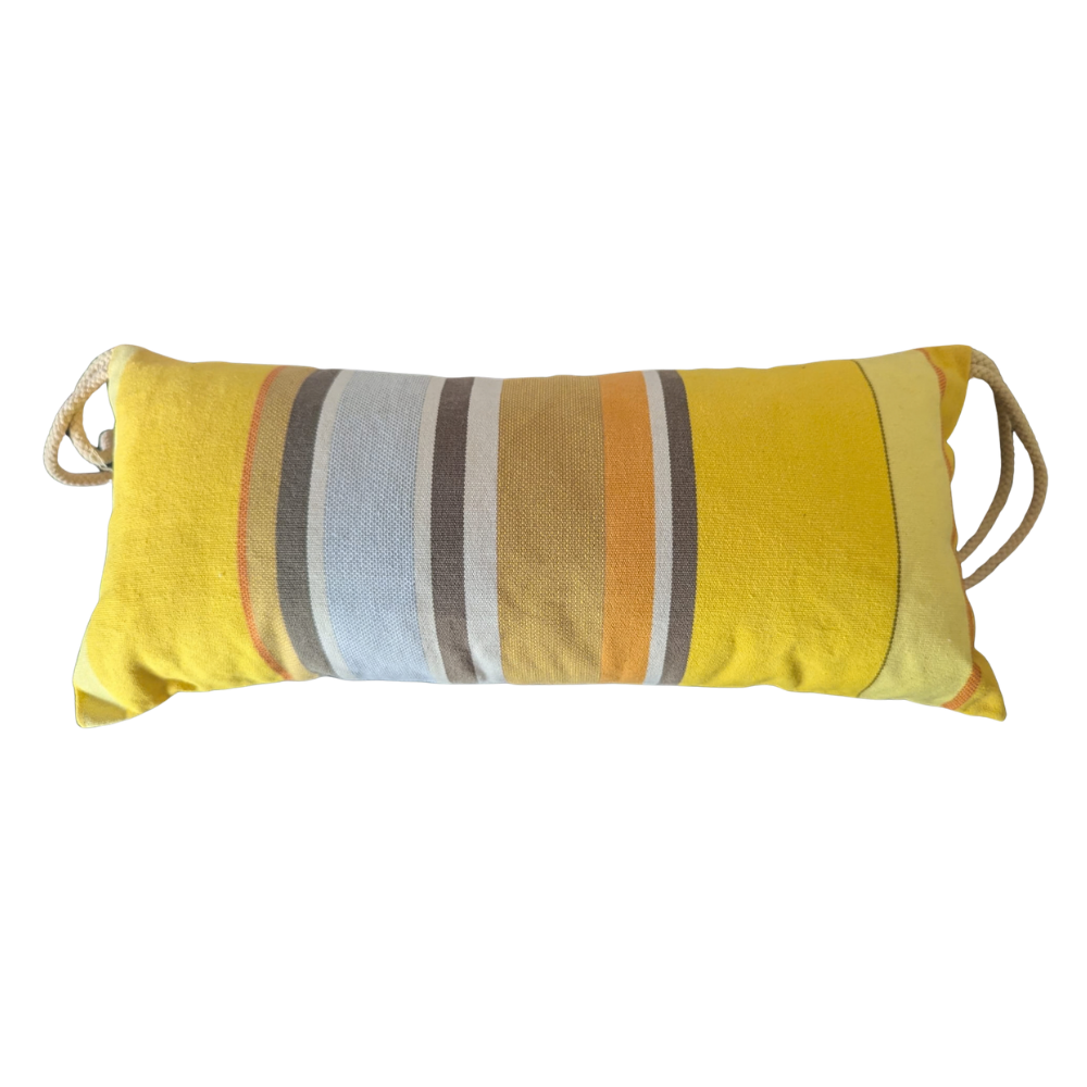 Head cushion for deckchair with multi coloured stripes in yellows, taupe, orange, and light blue. On a plain background
