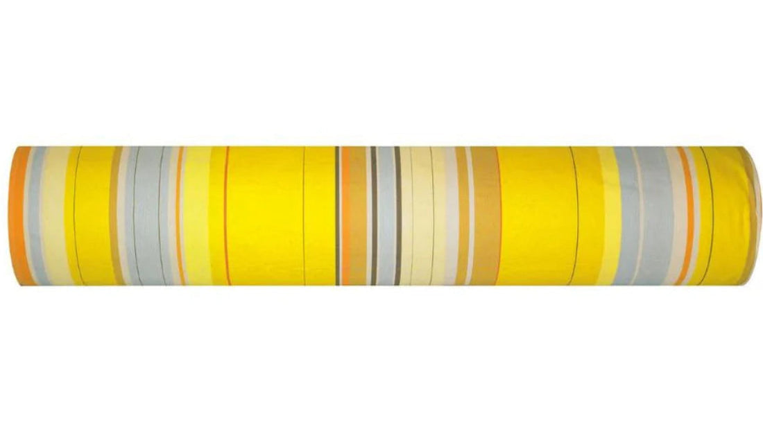 Plein Soleil multi coloured yellow, grey, and sun tones striped Les Toiles du Soleil 100% cotton fabric roll.
