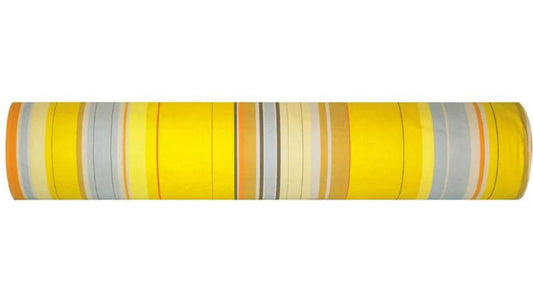 Plein Soleil multi coloured yellow, grey, and sun tones striped Les Toiles du Soleil 100% cotton fabric roll.