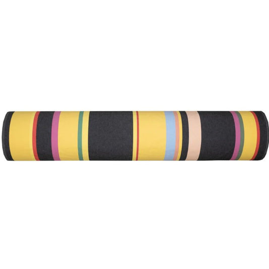 §00% cotton Les Toiles du Soleil fabric roll of Pollestres. A bold black, yellow, pinks and other colours in a multi striped pattern. 