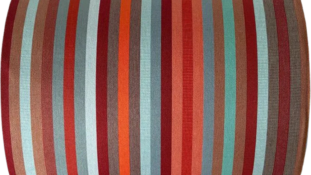 Pop Tomette fabric featuring a striped pattern with rich autumn-inspired tones, balancing vibrant colour with softer touches. A detailed 100% cotton weave by By Les Toiles du Soleil