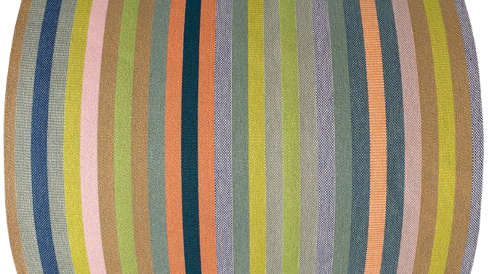 Colourful striped fabric roll on a white background. Showcasing orange, greens, blue, sage and other vibrant colours