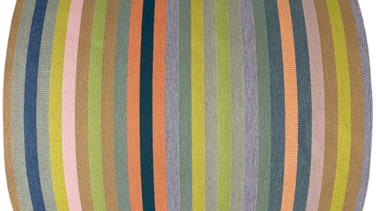 Colourful striped fabric roll on a white background. Showcasing orange, greens, blue, sage and other vibrant colours
