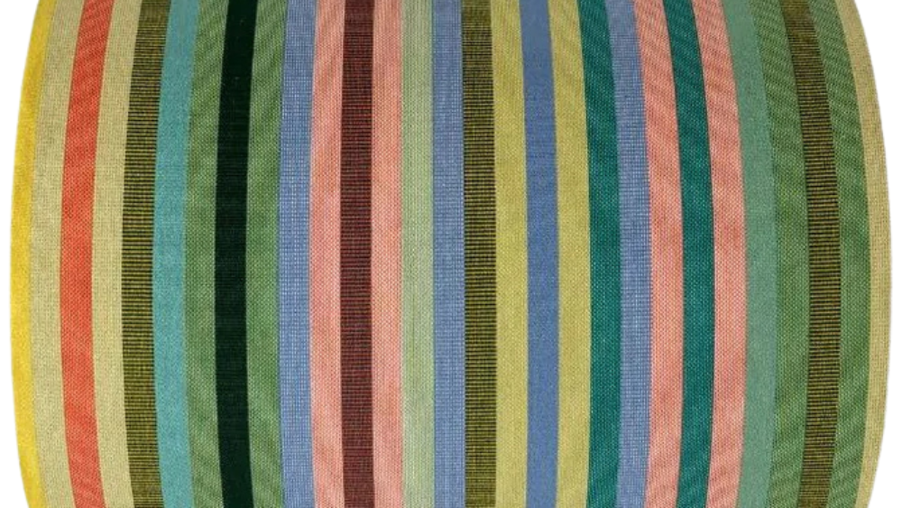 Pop Vert cotton fabric roll featuring teal, pink, blue, green, turquoise, and other vibrant coloured stripes. With a white background