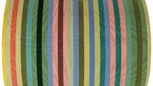 Pop Vert cotton fabric roll featuring teal, pink, blue, green, turquoise, and other vibrant coloured stripes. With a white background