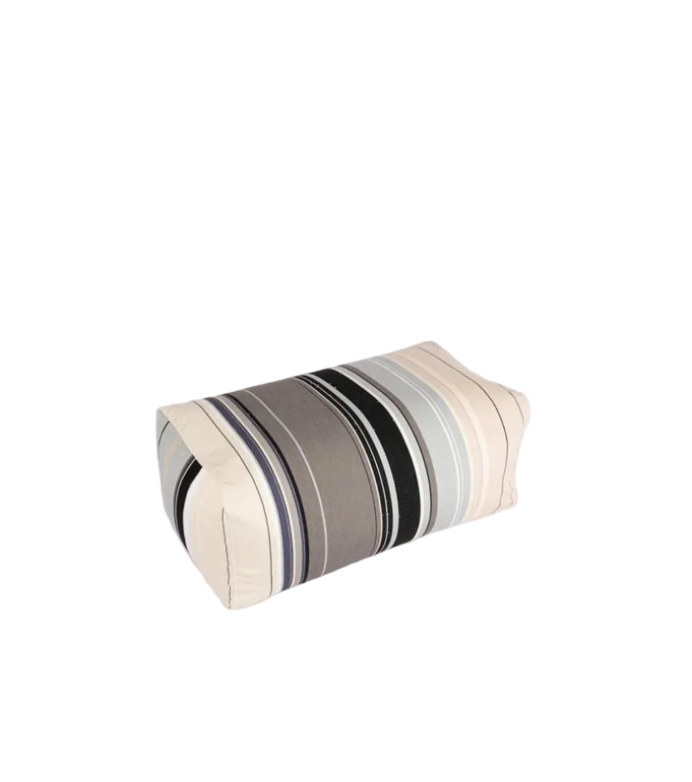 Pouf made from 100% cotton Les Toiles du Soleil fabric roll of Rue du Bac Gris - a multi striped woven pattern of different shades of greys, blues and beige