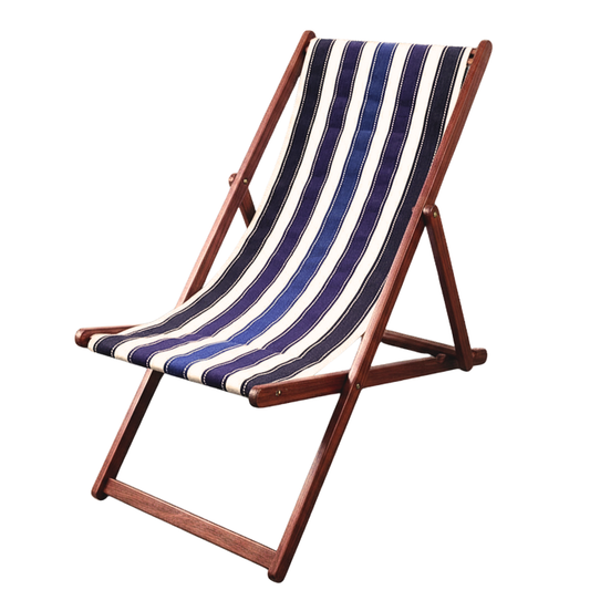 Hardwood deckchair with Petit Sellier fabric featuring a striped pattern with various bands in different shades of blue. A detailed 100% cotton weave by By Les Toiles du Soleil