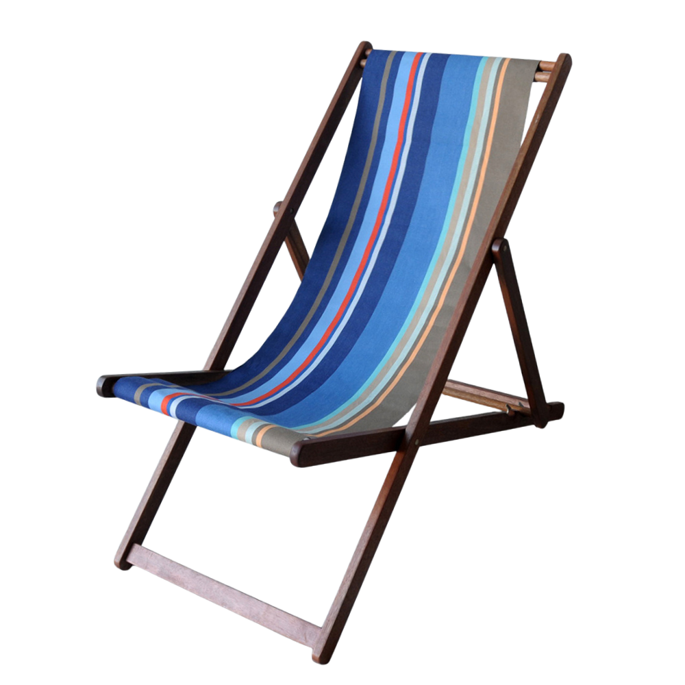 A wooden folding deck chair with a striped  Collioure Roy fabric featuring various bands in different shades of blue, beige, brown and red. A detailed 100% cotton weave by By Les Toiles du Soleil
