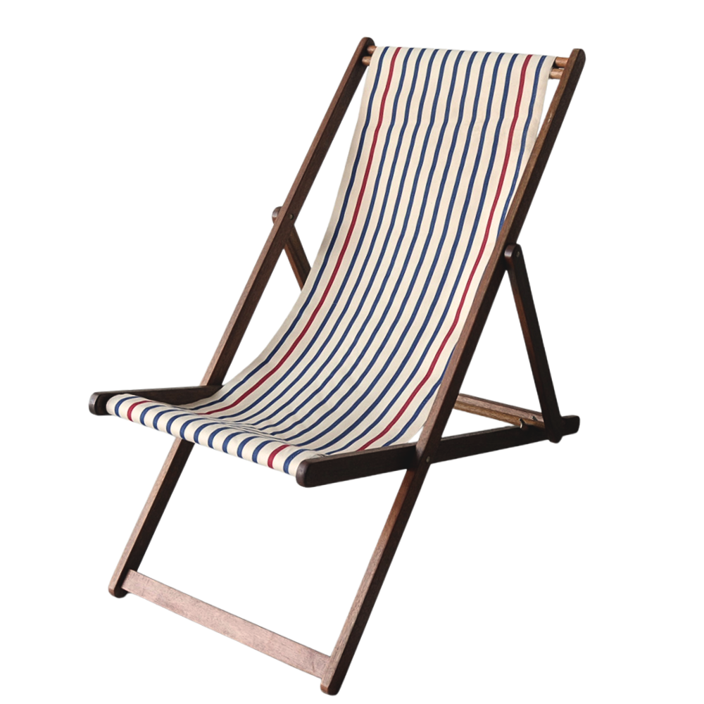 A wooden folding deck chair with a striped fabric sling seat and backrest in navy blue, red, and cream, shown on a plain white background.