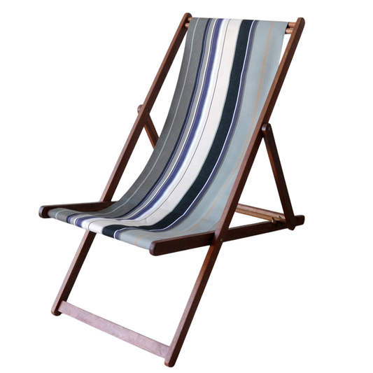 A hardwood deckchair sling with a synthetic grey and blue striped fabric attached to it, displayed against a neutral background.