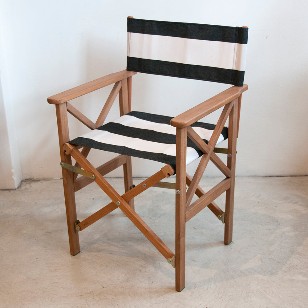 Sunbrella charcoal and white striped fabric on Ici et la Teak directors chair