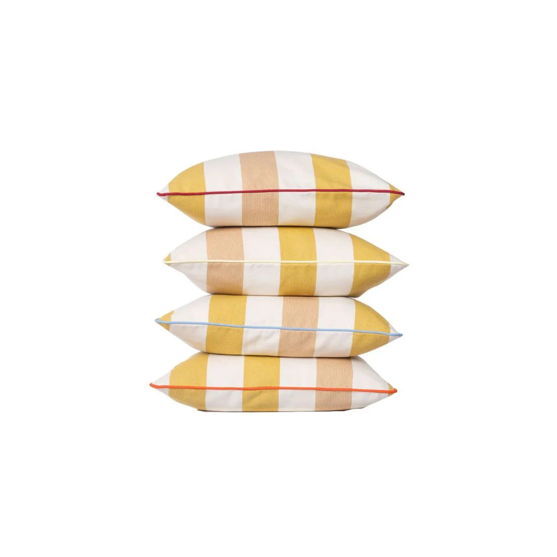 Raspail Miel Les Toiles du Soleil 100% cotton fabric stacked cushions, with yellow, white and muted pink stripes